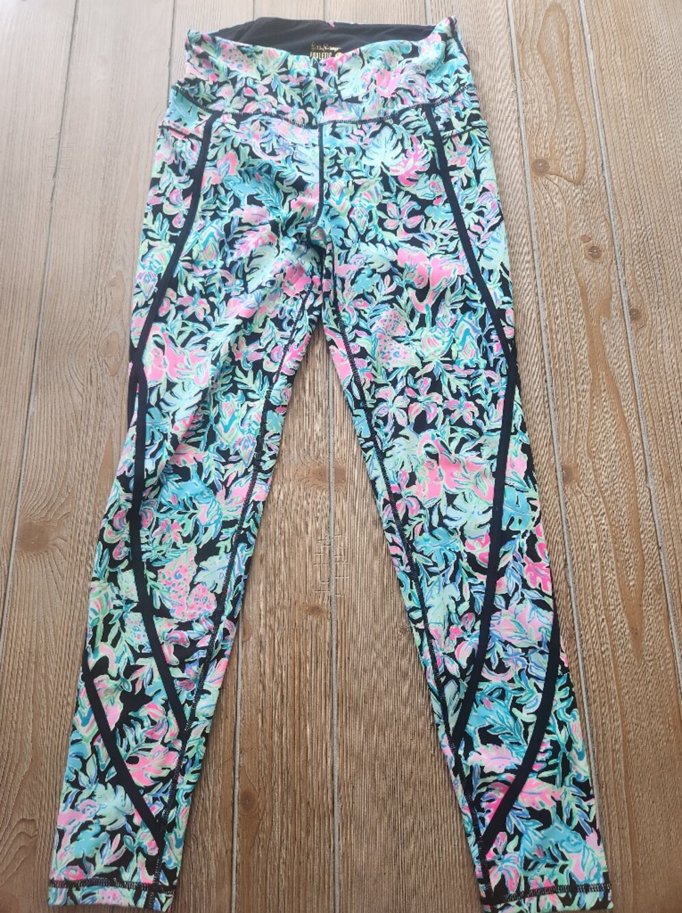 Lilly Pulitzer Black Leggings with Pink & Teal Floral Print